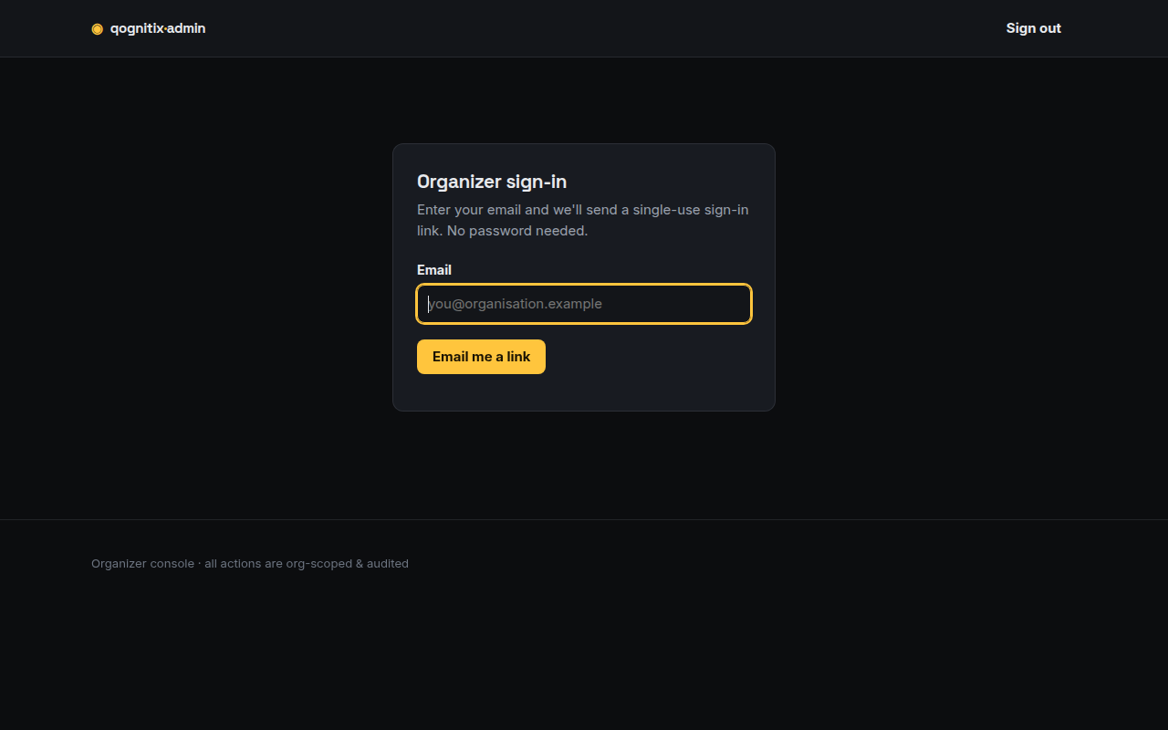Organizer-Login: passwortlose Anmeldung per Einmal-Link, org-scoped und auditiert